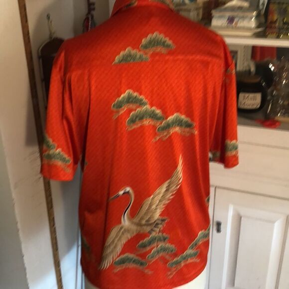 Vintage 1970s Hawaiian 🌺 made Aloha Shirt w/majestic Swan 🦢 in poppy orange - Picture 5 of 12